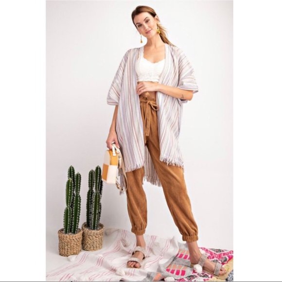 Striped Linen Textured Frayed Open Kimono - Picture 2 of 5